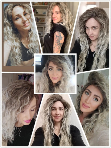 Ash Blonde Long Curly Synthetic Wig - Natural Wavy, Dark Root, 80s Brown Ombre for Women and Girls Ash Blonde Long Curly Synthetic Wig - Natural Wavy, Dark Root, 80s Brown Ombre for Women and Girls