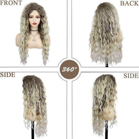 Ash Blonde Long Curly Synthetic Wig - Natural Wavy, Dark Root, 80s Brown Ombre for Women and Girls Ash Blonde Long Curly Synthetic Wig - Natural Wavy, Dark Root, 80s Brown Ombre for Women and Girls