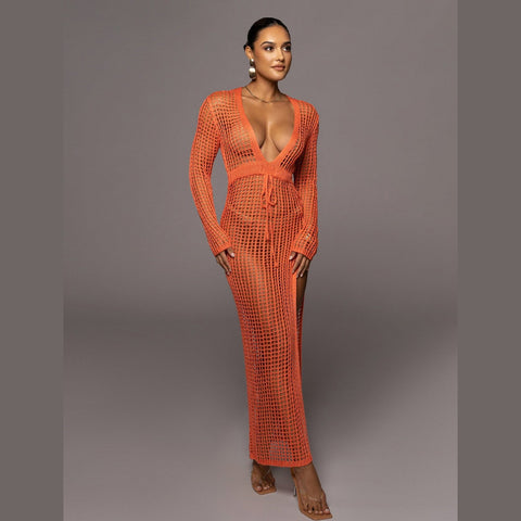 Sexy Knit Mesh Swimsuit Cover-up - Deep V Neck, Long-Sleeve, Lace-Up Fringe Tunic Sexy Knit Mesh Swimsuit Cover-up - Deep V Neck, Long-Sleeve, Lace-Up Fringe Tunic