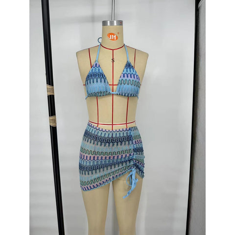 3-Piece Knit Bikini with Skirt - Push-Up Swimsuit Beachwear 3-Piece Knit Bikini with Skirt - Push-Up Swimsuit Beachwear