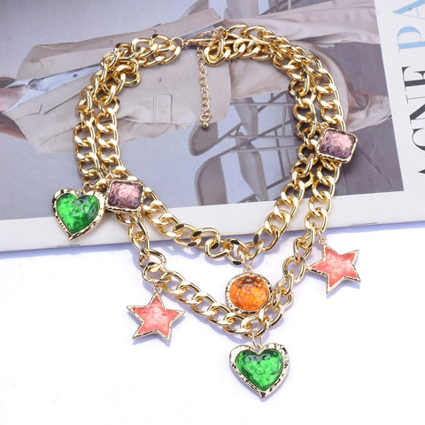 Vintage ZA Heart Star Choker Necklace - Golden Metal Chains with Charms for Women Vintage ZA Heart Star Choker Necklace - Golden Metal Chains with Charms for Women