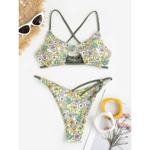 Floral Print Green Ribbed Bikini Set - Sexy Cut Out Swimwear Floral Print Green Ribbed Bikini Set - Sexy Cut Out Swimwear