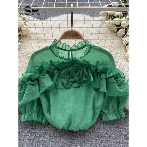 Ruffle Chiffon Blouse for Summer - Lantern Sleeve, Slim Fit, Loose Style - Vacation & Casual Fashion for Women Ruffle Chiffon Blouse for Summer - Lantern Sleeve, Slim Fit, Loose Style - Vacation & Casual Fashion for Women