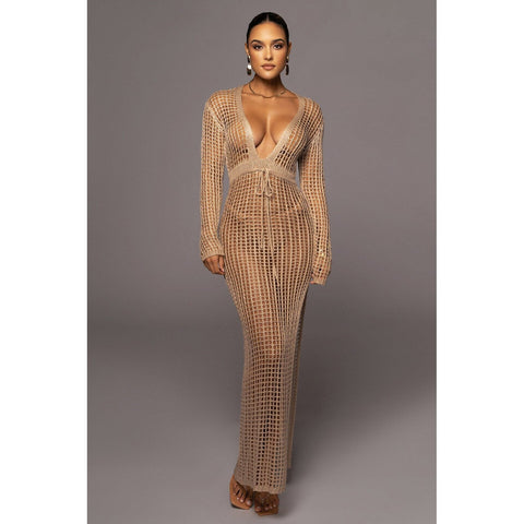 Sexy Knit Mesh Swimsuit Cover-up - Deep V Neck, Long-Sleeve, Lace-Up Fringe Tunic Sexy Knit Mesh Swimsuit Cover-up - Deep V Neck, Long-Sleeve, Lace-Up Fringe Tunic