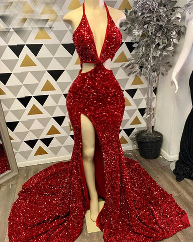Red Sequin Mermaid Prom Gown - Sexy High Slit Halter Style Red Sequin Mermaid Prom Gown - Sexy High Slit Halter Style