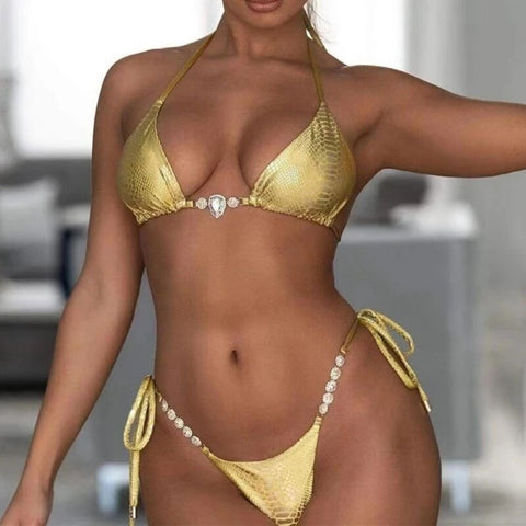 Shiny Snake Skin Halter Jewelled Bikini - Women's Two-Piece Swimwear Shiny Snake Skin Halter Jewelled Bikini - Women's Two-Piece Swimwear