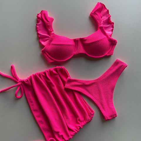 Solid Wavy Fabric Bikini Set - Women's Push-Up Swimwear Solid Wavy Fabric Bikini Set - Women's Push-Up Swimwear