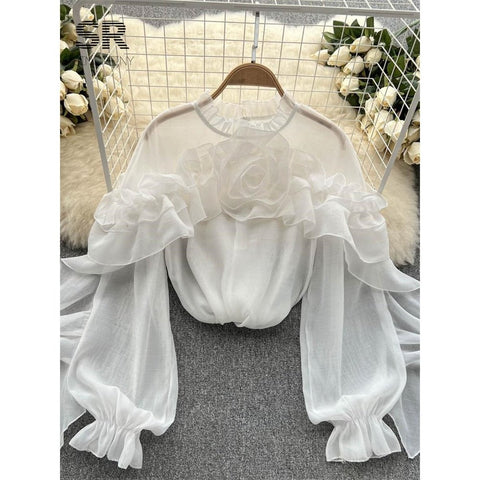 Ruffle Chiffon Blouse for Summer - Lantern Sleeve, Slim Fit, Loose Style - Vacation & Casual Fashion for Women Ruffle Chiffon Blouse for Summer - Lantern Sleeve, Slim Fit, Loose Style - Vacation & Casual Fashion for Women