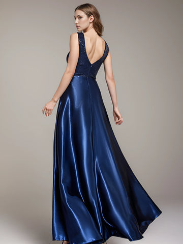 V-Neck Satin Evening Gown - Green & Blue Floor-Length Prom Dress V-Neck Satin Evening Gown - Green & Blue Floor-Length Prom Dress