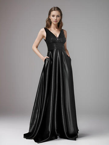 V-Neck Satin Evening Gown - Green & Blue Floor-Length Prom Dress V-Neck Satin Evening Gown - Green & Blue Floor-Length Prom Dress