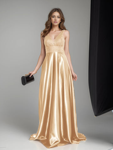 V-Neck Satin Evening Gown - Green & Blue Floor-Length Prom Dress V-Neck Satin Evening Gown - Green & Blue Floor-Length Prom Dress