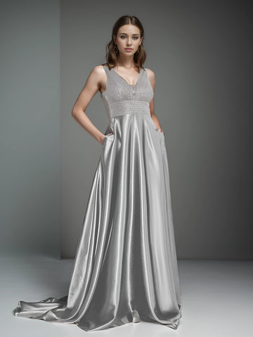 V-Neck Satin Evening Gown - Green & Blue Floor-Length Prom Dress V-Neck Satin Evening Gown - Green & Blue Floor-Length Prom Dress