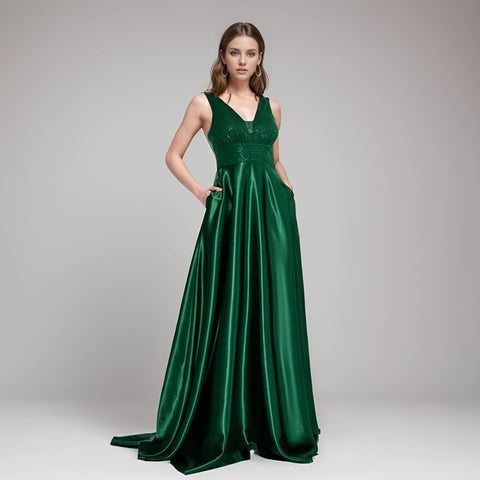 V-Neck Satin Evening Gown - Green & Blue Floor-Length Prom Dress V-Neck Satin Evening Gown - Green & Blue Floor-Length Prom Dress