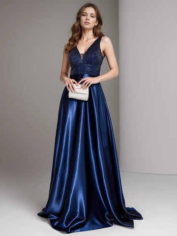 V-Neck Satin Evening Gown - Green & Blue Floor-Length Prom Dress V-Neck Satin Evening Gown - Green & Blue Floor-Length Prom Dress