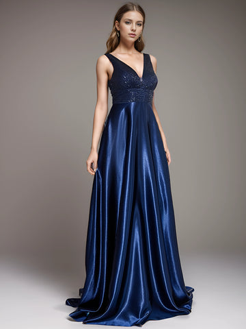 V-Neck Satin Evening Gown - Green & Blue Floor-Length Prom Dress V-Neck Satin Evening Gown - Green & Blue Floor-Length Prom Dress