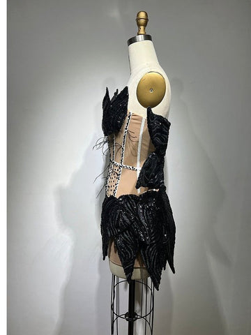 Luxury Sequin Feather Mini Party Dress - Sleek and Sexy Black Evening Wear for Women Luxury Sequin Feather Mini Party Dress - Sleek and Sexy Black Evening Wear for Women