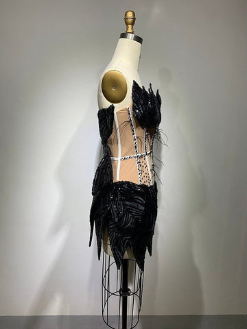 Luxury Sequin Feather Mini Party Dress - Sleek and Sexy Black Evening Wear for Women Luxury Sequin Feather Mini Party Dress - Sleek and Sexy Black Evening Wear for Women