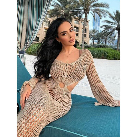 Sexy Knit Mesh Swimsuit Cover-up - Deep V Neck, Long-Sleeve, Lace-Up Fringe Tunic Sexy Knit Mesh Swimsuit Cover-up - Deep V Neck, Long-Sleeve, Lace-Up Fringe Tunic