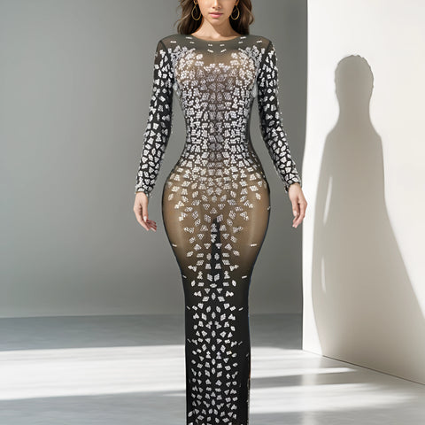 Silver Rhinestone Net Dress - Sexy Singer Costume Silver Rhinestone Net Dress - Sexy Singer Costume
