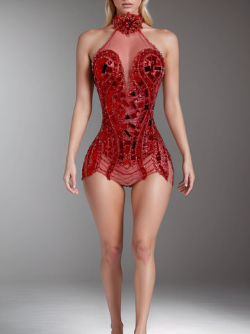 Sizzling Elegance - Turtleneck Red Mirror Sequin Rhinestone Birthday Mini Club Dress Sizzling Elegance - Turtleneck Red Mirror Sequin Rhinestone Birthday Mini Club Dress