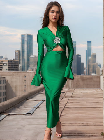 Spring V-Neck Hollow Out Maxi Dress with Flare Sleeves Spring V-Neck Hollow Out Maxi Dress with Flare Sleeves