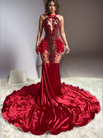 Ethereal Opulence - Long O-Neck Prom with Crystal Beads & Feathers Ethereal Opulence - Long O-Neck Prom with Crystal Beads & Feathers
