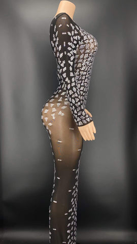 Silver Rhinestone Net Dress - Sexy Singer Costume Silver Rhinestone Net Dress - Sexy Singer Costume