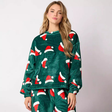 Women's Christmas Hat Pajamas Long Sleeve Trousers Suit Women's Christmas Hat Pajamas Long Sleeve Trousers Suit