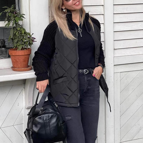 Stand Collar Cotton Jacket With Pockets Fashion Knitted Stitching Zipper Coat Winter Warm Tops For Women Stand Collar Cotton Jacket With Pockets Fashion Knitted Stitching Zipper Coat Winter Warm Tops For Women