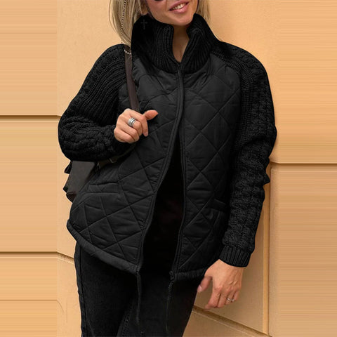 Stand Collar Cotton Jacket With Pockets Fashion Knitted Stitching Zipper Coat Winter Warm Tops For Women Stand Collar Cotton Jacket With Pockets Fashion Knitted Stitching Zipper Coat Winter Warm Tops For Women