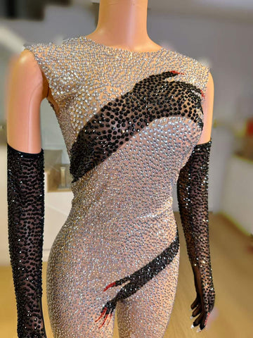Halloween Extravaganza - Shiny Stone Black Hands Printed Jumpsuit with Gloves - Sexy Singer Stage Costume and Party Outfit Halloween Extravaganza - Shiny Stone Black Hands Printed Jumpsuit with Gloves - Sexy Singer Stage Costume and Party Outfit