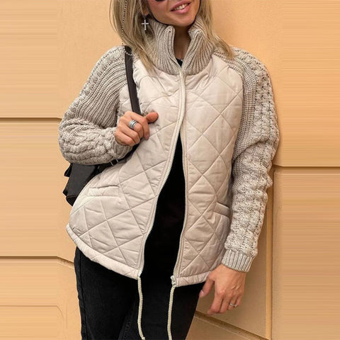 Stand Collar Cotton Jacket With Pockets Fashion Knitted Stitching Zipper Coat Winter Warm Tops For Women Stand Collar Cotton Jacket With Pockets Fashion Knitted Stitching Zipper Coat Winter Warm Tops For Women
