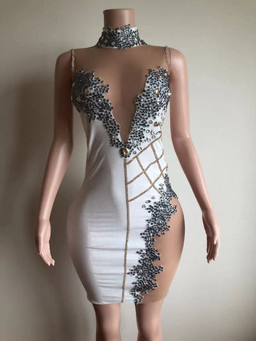 Sparkling Rhinestone Transparent Short Dress - Ideal for Bar Parties, Birthdays, Celebrations, Women Dancers, Singers, and Proms Sparkling Rhinestone Transparent Short Dress - Ideal for Bar Parties, Birthdays, Celebrations, Women Dancers, Singers, and Proms