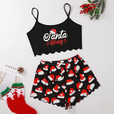 Christmas European And American Thin Pajamas Women's Sleeveless Shorts Milk Silk Simple Casual Two-piece Suit Homewear Christmas European And American Thin Pajamas Women's Sleeveless Shorts Milk Silk Simple Casual Two-piece Suit Homewear