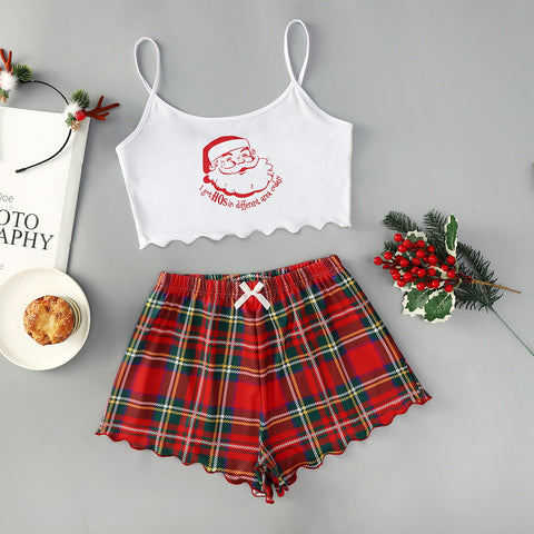 Christmas European And American Thin Pajamas Women's Sleeveless Shorts Milk Silk Simple Casual Two-piece Suit Homewear Christmas European And American Thin Pajamas Women's Sleeveless Shorts Milk Silk Simple Casual Two-piece Suit Homewear