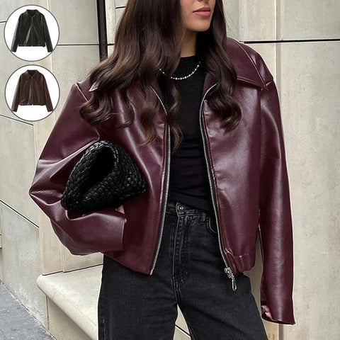 Solid Color Lapel Zipper Jacket Fashion Casual Long Sleeve Leather Coat Tops Women Clothing Solid Color Lapel Zipper Jacket Fashion Casual Long Sleeve Leather Coat Tops Women Clothing