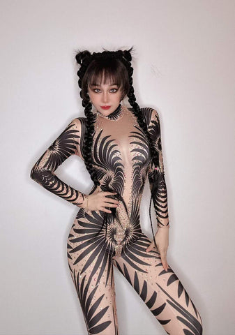 Sultry Halloween Glam - Sexy Black & White Stretch Jumpsuit for Spooktacular Nightclub, Bar, and Costume Dance Party Wear Sultry Halloween Glam - Sexy Black & White Stretch Jumpsuit for Spooktacular Nightclub, Bar, and Costume Dance Party Wear