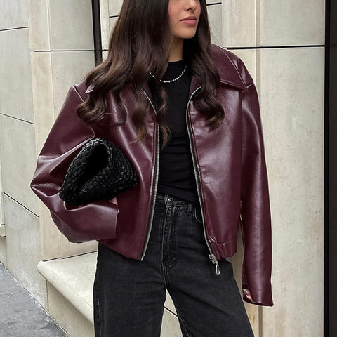 Solid Color Lapel Zipper Jacket Fashion Casual Long Sleeve Leather Coat Tops Women Clothing Solid Color Lapel Zipper Jacket Fashion Casual Long Sleeve Leather Coat Tops Women Clothing