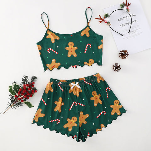 Christmas European And American Thin Pajamas Women's Sleeveless Shorts Milk Silk Simple Casual Two-piece Suit Homewear Christmas European And American Thin Pajamas Women's Sleeveless Shorts Milk Silk Simple Casual Two-piece Suit Homewear