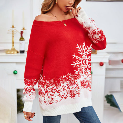 Little Snowflake Christmas Sweater Casual Off-the-shoulder Sweater Women Little Snowflake Christmas Sweater Casual Off-the-shoulder Sweater Women