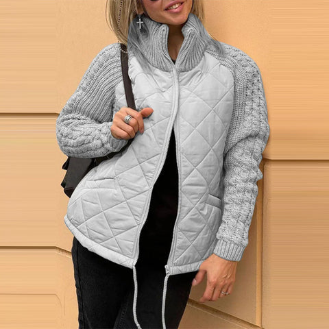 Stand Collar Cotton Jacket With Pockets Fashion Knitted Stitching Zipper Coat Winter Warm Tops For Women Stand Collar Cotton Jacket With Pockets Fashion Knitted Stitching Zipper Coat Winter Warm Tops For Women