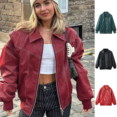 Loose Fashion Lapel Zip-up Jacket Cool Long Sleeve Zipper Closure Moto Biker Leather Jacket Womens Clothing Loose Fashion Lapel Zip-up Jacket Cool Long Sleeve Zipper Closure Moto Biker Leather Jacket Womens Clothing