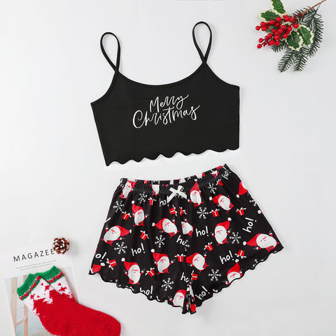 Christmas European And American Thin Pajamas Women's Sleeveless Shorts Milk Silk Simple Casual Two-piece Suit Homewear Christmas European And American Thin Pajamas Women's Sleeveless Shorts Milk Silk Simple Casual Two-piece Suit Homewear