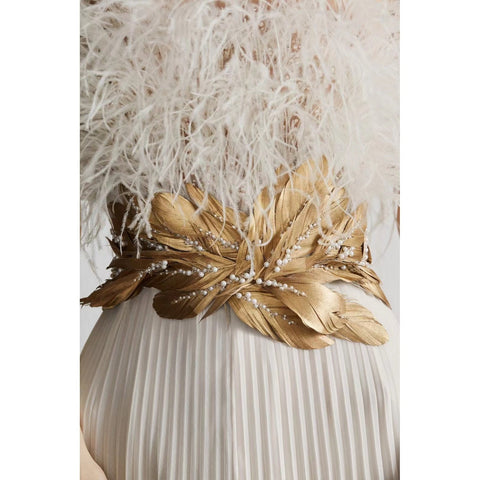White Strapless Luxury Prom Gown with Gold Beading Belt - Runway-Worthy Celebrity Evening Dress White Strapless Luxury Prom Gown with Gold Beading Belt - Runway-Worthy Celebrity Evening Dress