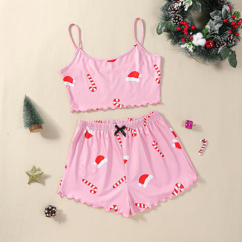 Christmas European And American Thin Pajamas Women's Sleeveless Shorts Milk Silk Simple Casual Two-piece Suit Homewear Christmas European And American Thin Pajamas Women's Sleeveless Shorts Milk Silk Simple Casual Two-piece Suit Homewear