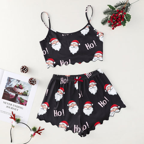 Christmas European And American Thin Pajamas Women's Sleeveless Shorts Milk Silk Simple Casual Two-piece Suit Homewear Christmas European And American Thin Pajamas Women's Sleeveless Shorts Milk Silk Simple Casual Two-piece Suit Homewear