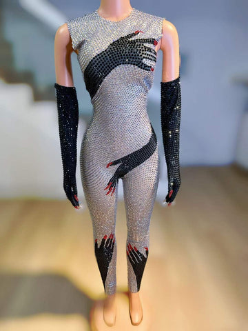 Halloween Extravaganza - Shiny Stone Black Hands Printed Jumpsuit with Gloves - Sexy Singer Stage Costume and Party Outfit Halloween Extravaganza - Shiny Stone Black Hands Printed Jumpsuit with Gloves - Sexy Singer Stage Costume and Party Outfit