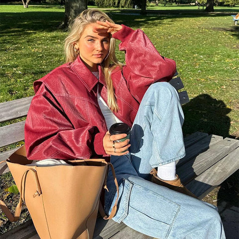 Loose Fashion Lapel Zip-up Jacket Cool Long Sleeve Zipper Closure Moto Biker Leather Jacket Womens Clothing Loose Fashion Lapel Zip-up Jacket Cool Long Sleeve Zipper Closure Moto Biker Leather Jacket Womens Clothing
