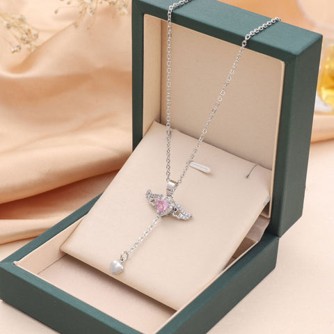 Moving Cupid Heart Angel Wings Tassel Necklace With Crystal Clavicle Chain Women Jewelry Gift Valentine's Day Moving Cupid Heart Angel Wings Tassel Necklace With Crystal Clavicle Chain Women Jewelry Gift Valentine's Day