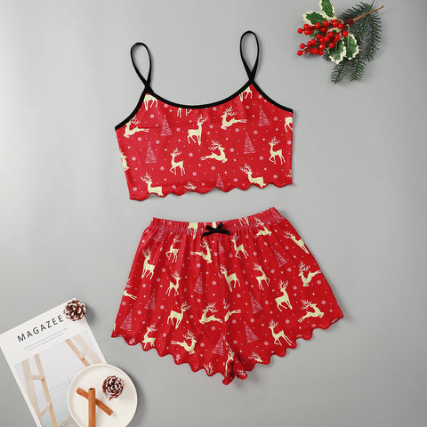 Christmas European And American Thin Pajamas Women's Sleeveless Shorts Milk Silk Simple Casual Two-piece Suit Homewear Christmas European And American Thin Pajamas Women's Sleeveless Shorts Milk Silk Simple Casual Two-piece Suit Homewear